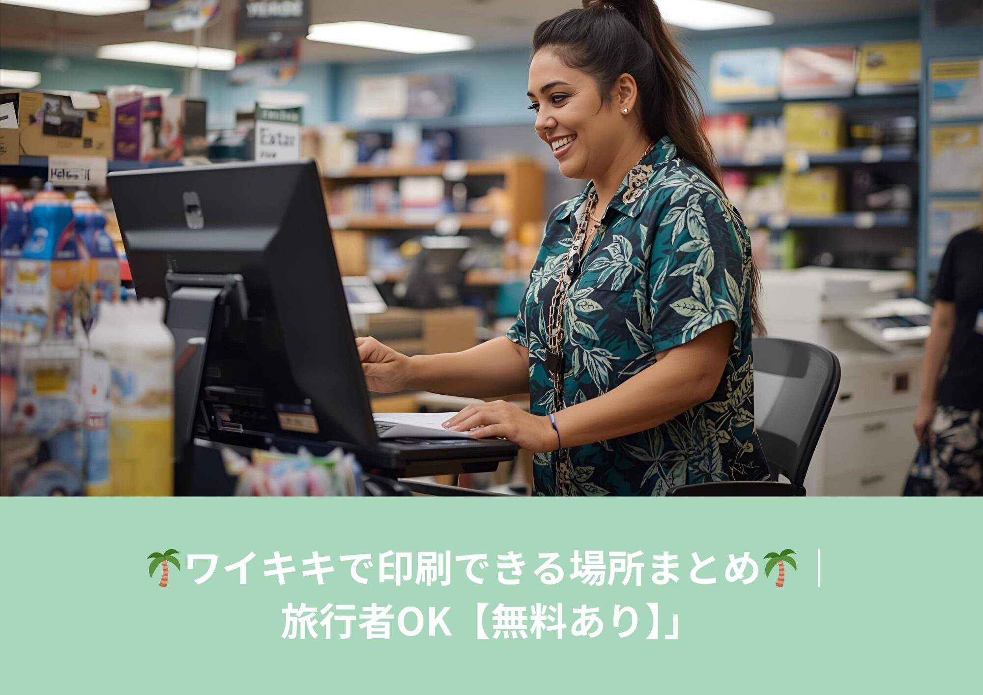 ワイキキの店舗で現地スタッフが印刷作業を行っている様子。旅行者でも利用できるワイキキの印刷スポットを紹介する記事のアイキャッチ画像。