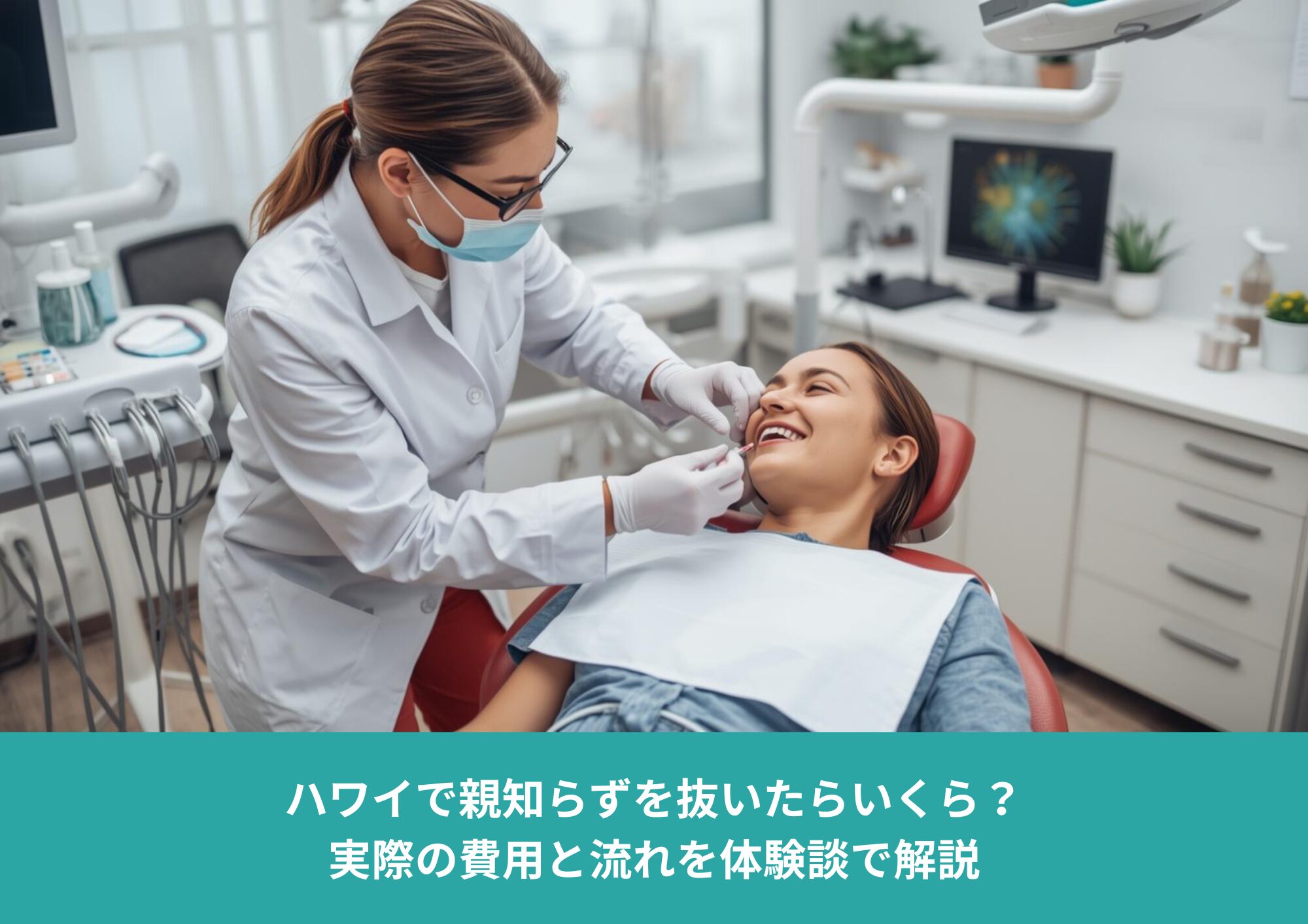 明るいアメリカの歯医者で、優しく微笑む歯科医師がベッドで横になる患者に治療を行っている様子