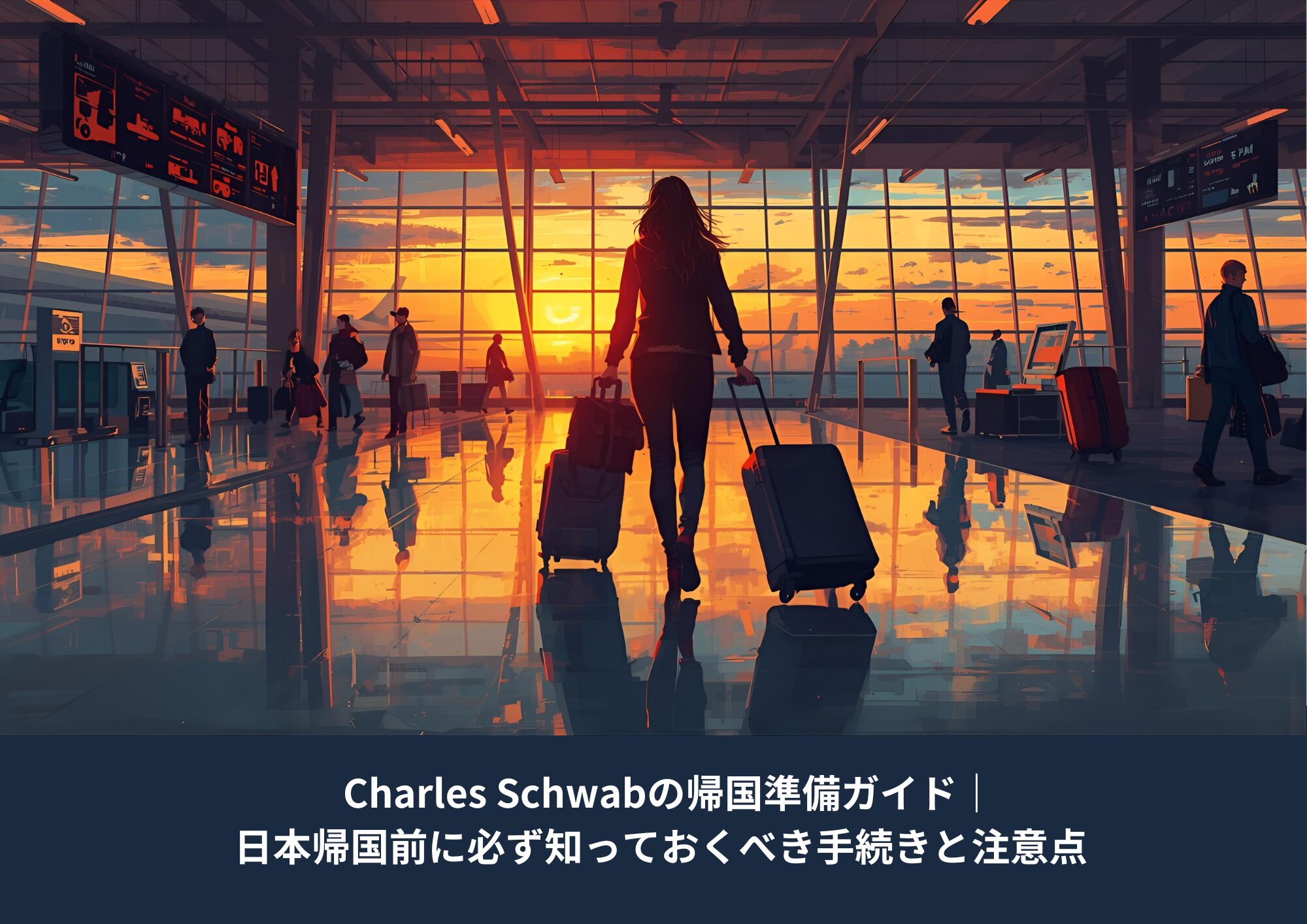 空港でスーツケースを引いて歩く女性の後ろ姿｜アメリカから日本へ帰国するイメージ