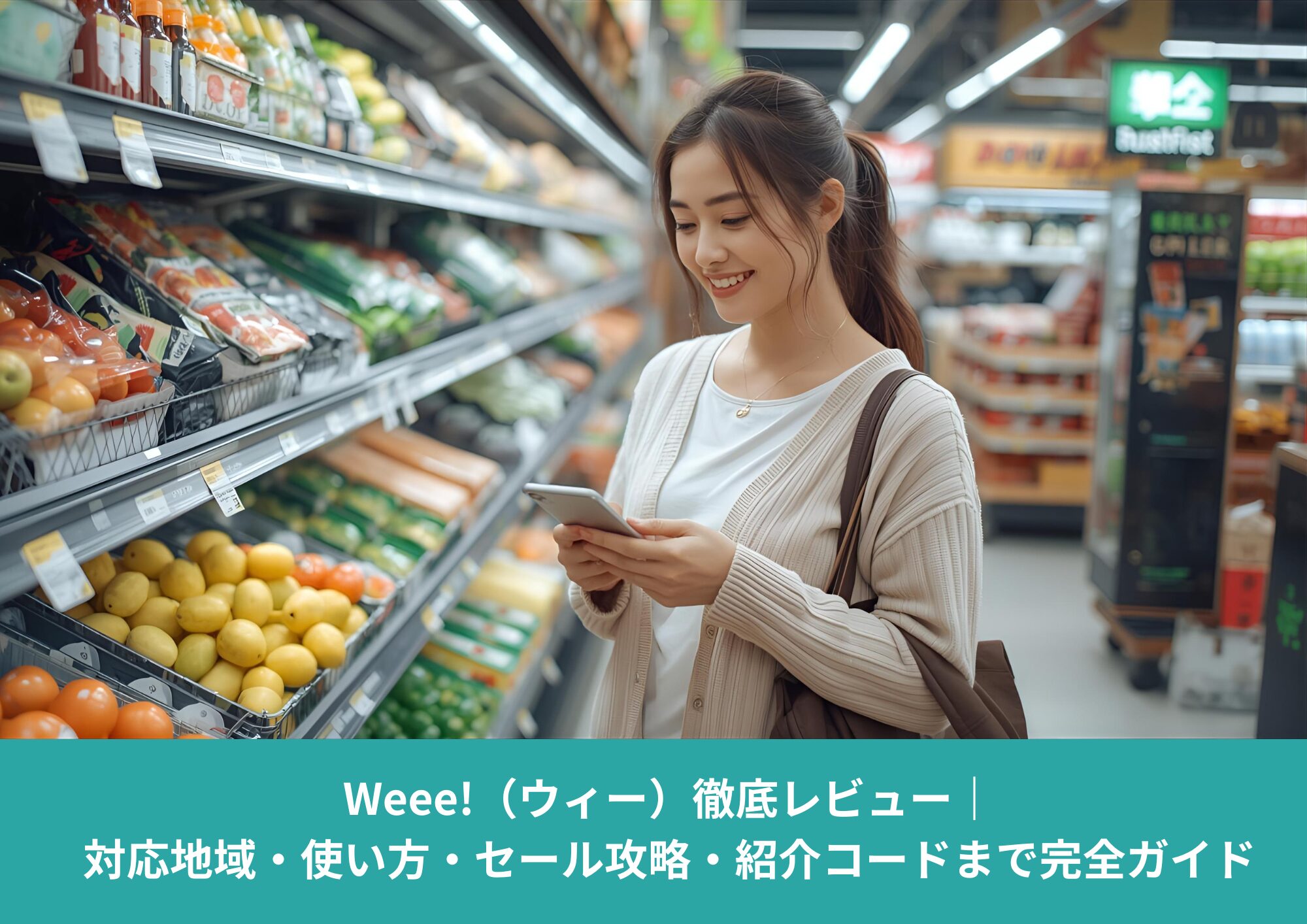 Weee!（ウィー）の使い方・配送・セール情報を調べる日本人女性｜アメリカのアジア系スーパーでスマホを使う様子