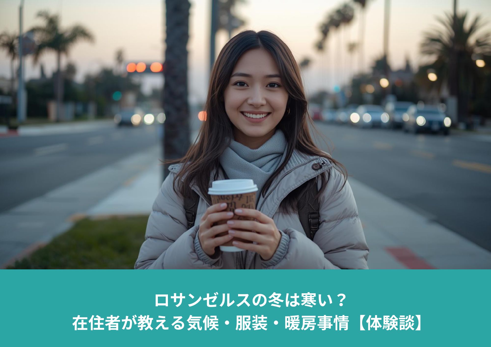 冬のロサンゼルスで軽めのダウンを着て寒そうに歩くアジア人女性。ヤシの木が並ぶ住宅街の夕方の風景。