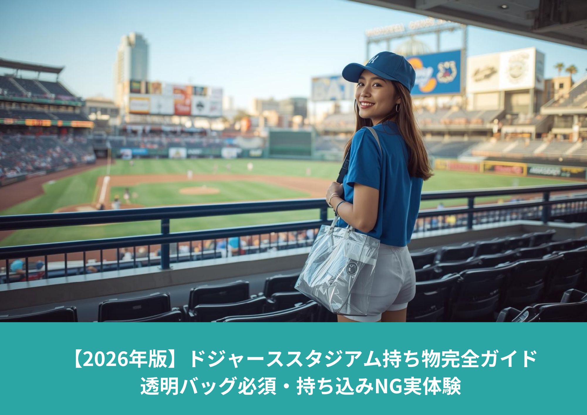 透明バッグを持ってドジャーススタジアムの客席に立つ女性。青い服装で、スタジアム内からグラウンドを見渡している様子。