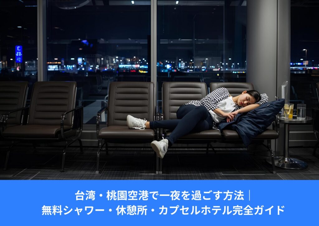 夜の桃園国際空港でベンチに横になって休憩する女性。長時間乗り継ぎで一夜を過ごしている様子。