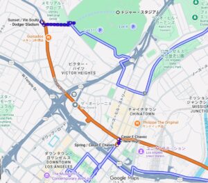 ドジャーススタジアムからダウンタウン方面へ公共交通機関で帰宅する際の乗り換えルート。チャイナタウン周辺を経由する夜間の移動経路を示した地図。