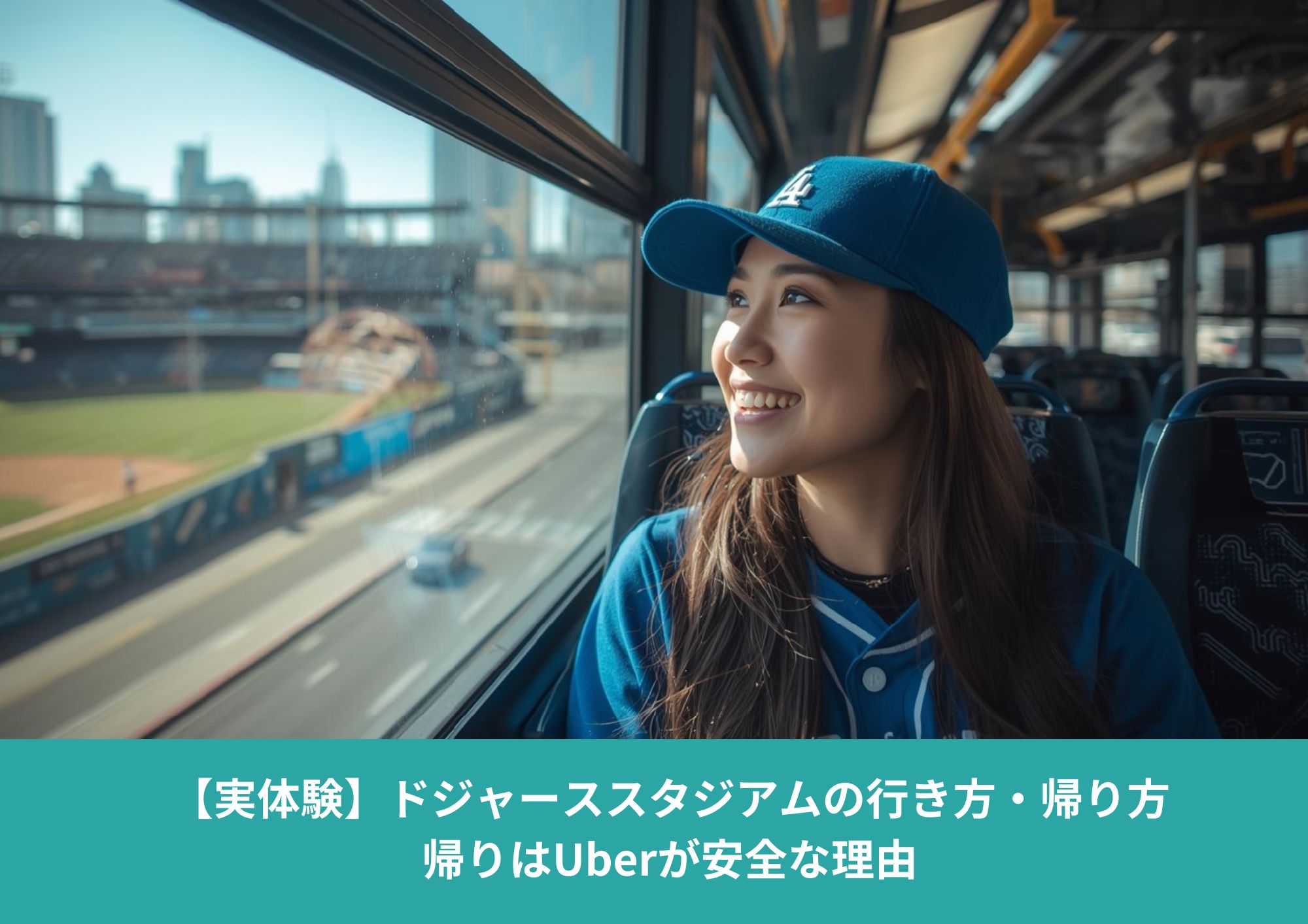 ロサンゼルスでドジャーススタジアムへ向かうバスの車内で、野球観戦を楽しみに笑顔を見せる女性。無料エクスプレスバスでの行き方を紹介する記事のアイキャッチ画像。