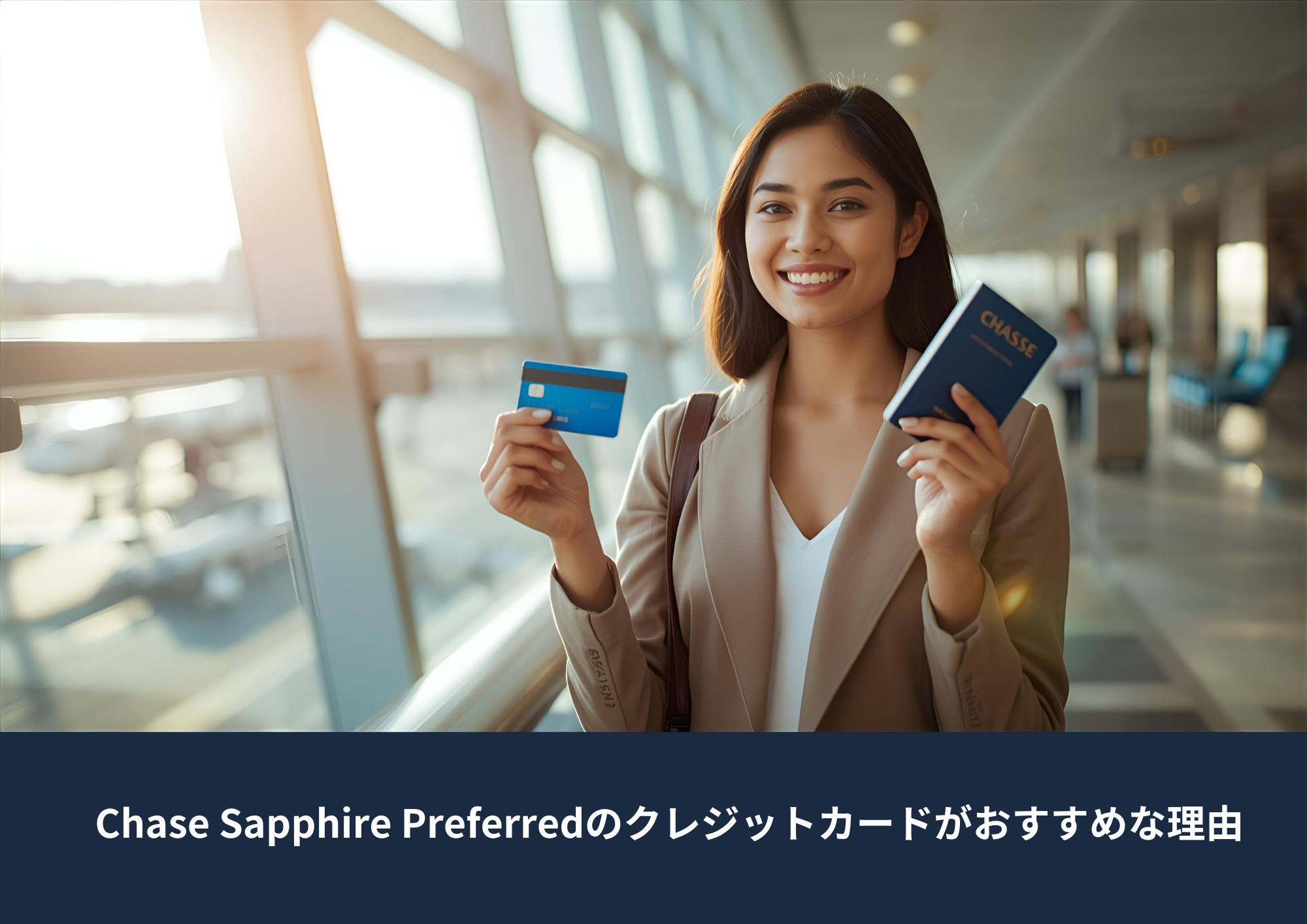 空港の窓際でパスポートを手に飛行機を見つめる女性旅行者の写真。旅行特典に強いChase Sapphire Preferredカードを紹介する記事のイメージ。