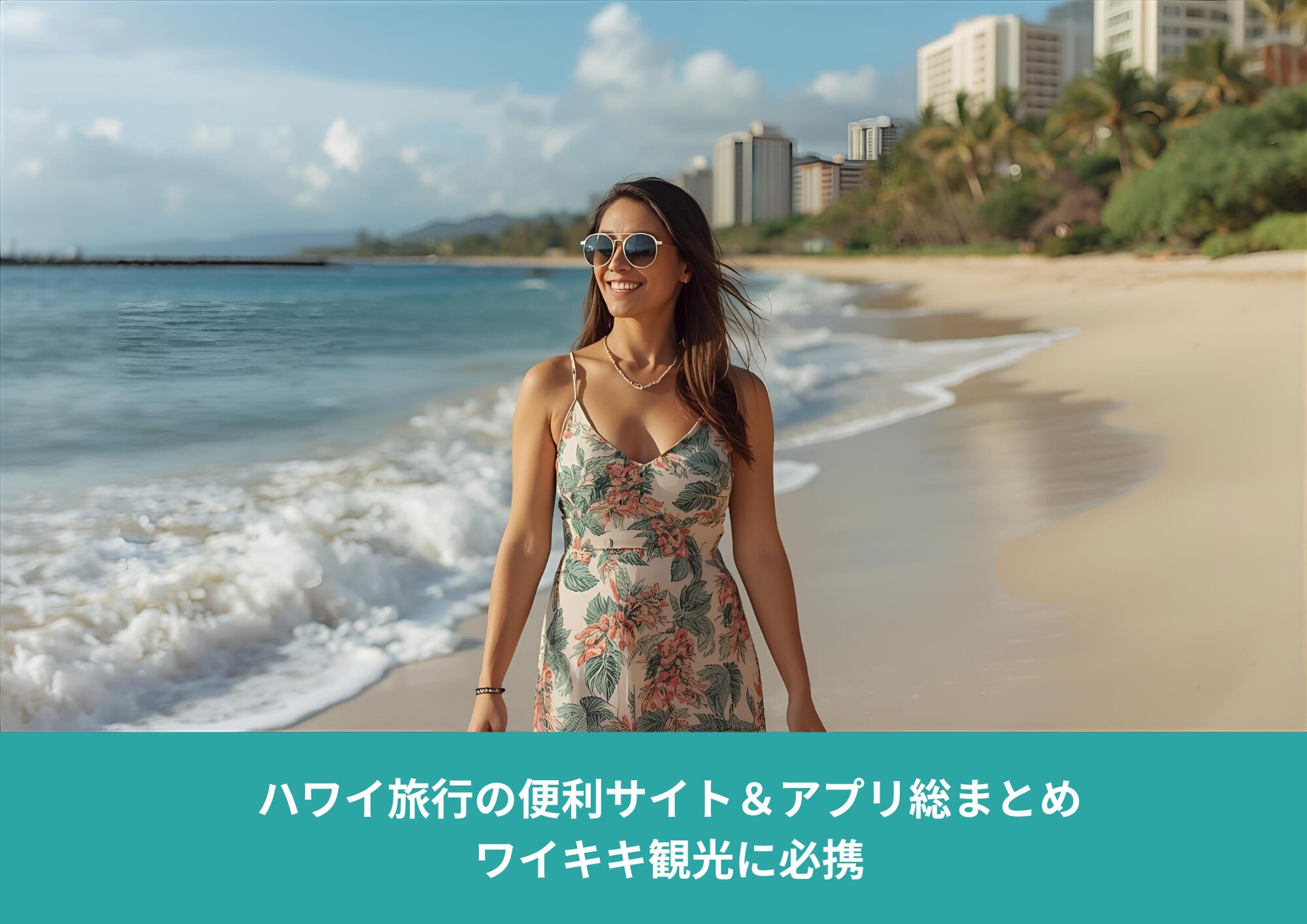 ハワイ・ワイキキビーチを歩く女性の写真｜ハワイ旅行の便利サイト＆アプリまとめ