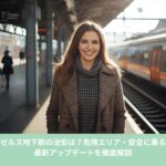 ロサンゼルスの駅ホームで微笑む女性旅行者。地下鉄の治安を調べて安心して利用したい人向けのイメージ写真