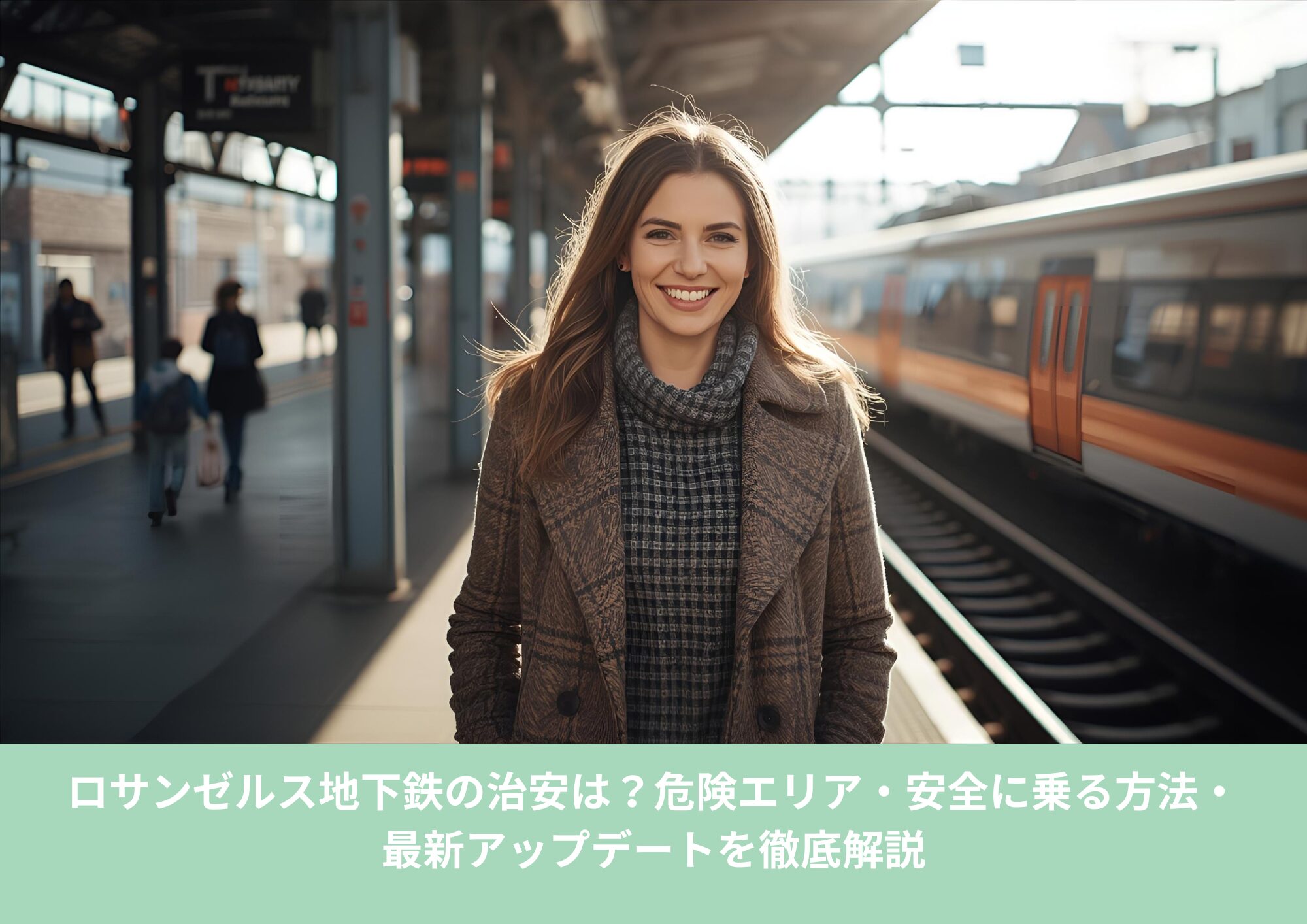 ロサンゼルスの駅ホームで微笑む女性旅行者。地下鉄の治安を調べて安心して利用したい人向けのイメージ写真