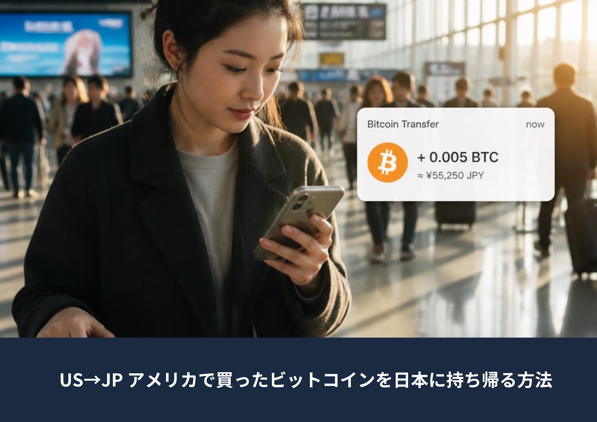 アメリカで購入したビットコインを日本へ持ち帰る方法を解説したアイキャッチ画像