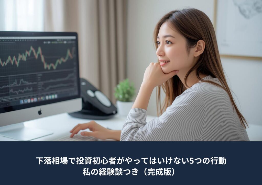 ノートパソコンで投資分析をする日本人女性と上昇チャートの背景｜下落相場で初心者が避けるべき行動の記事アイキャッチ