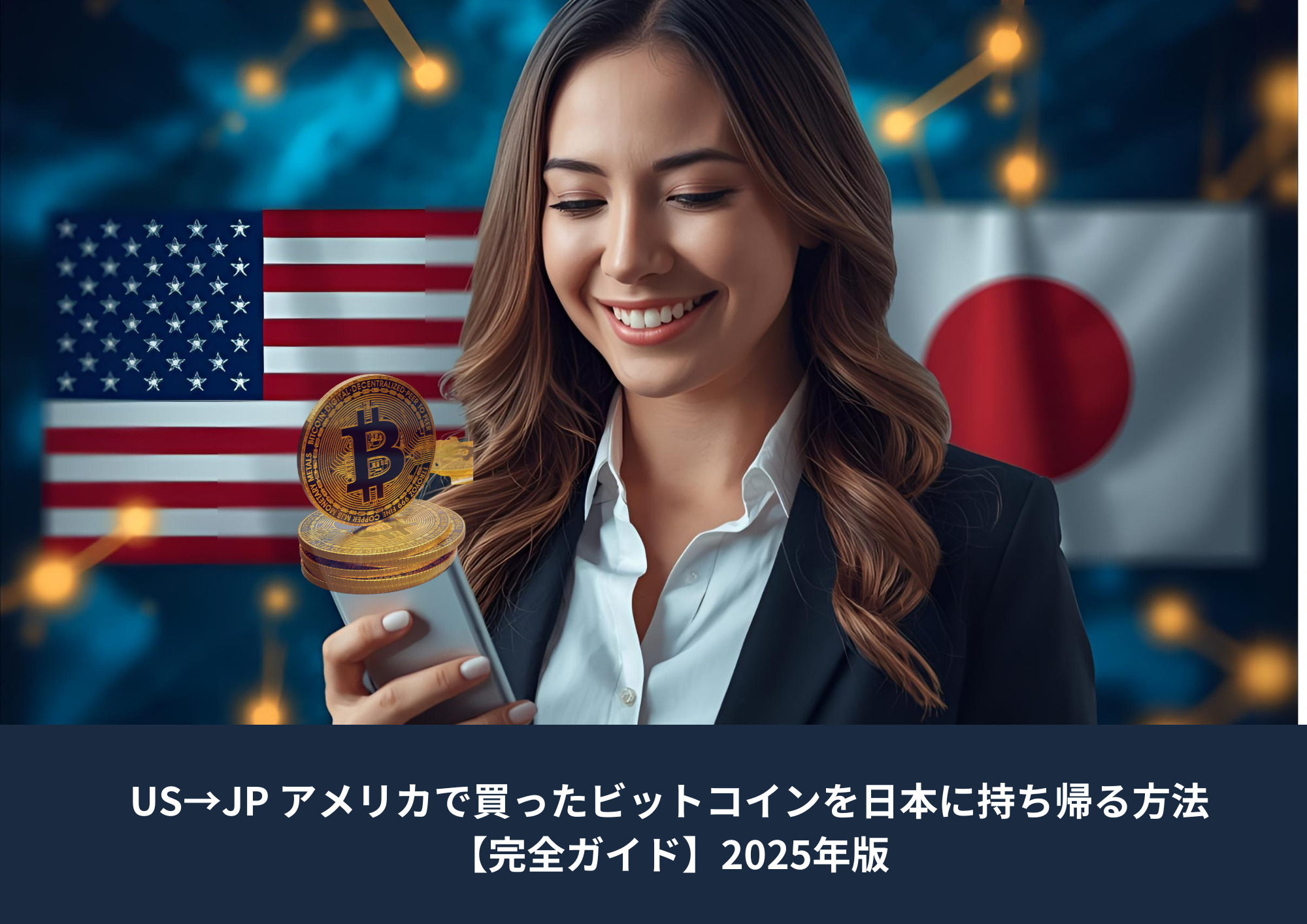 USと日本の国旗を背景に、スマートフォンでビットコインの送金を管理する女性のイメージ。アメリカで購入したBTCを日本へ持ち帰ることを表現した金融・暗号資産ガイド用アイキャッチ。