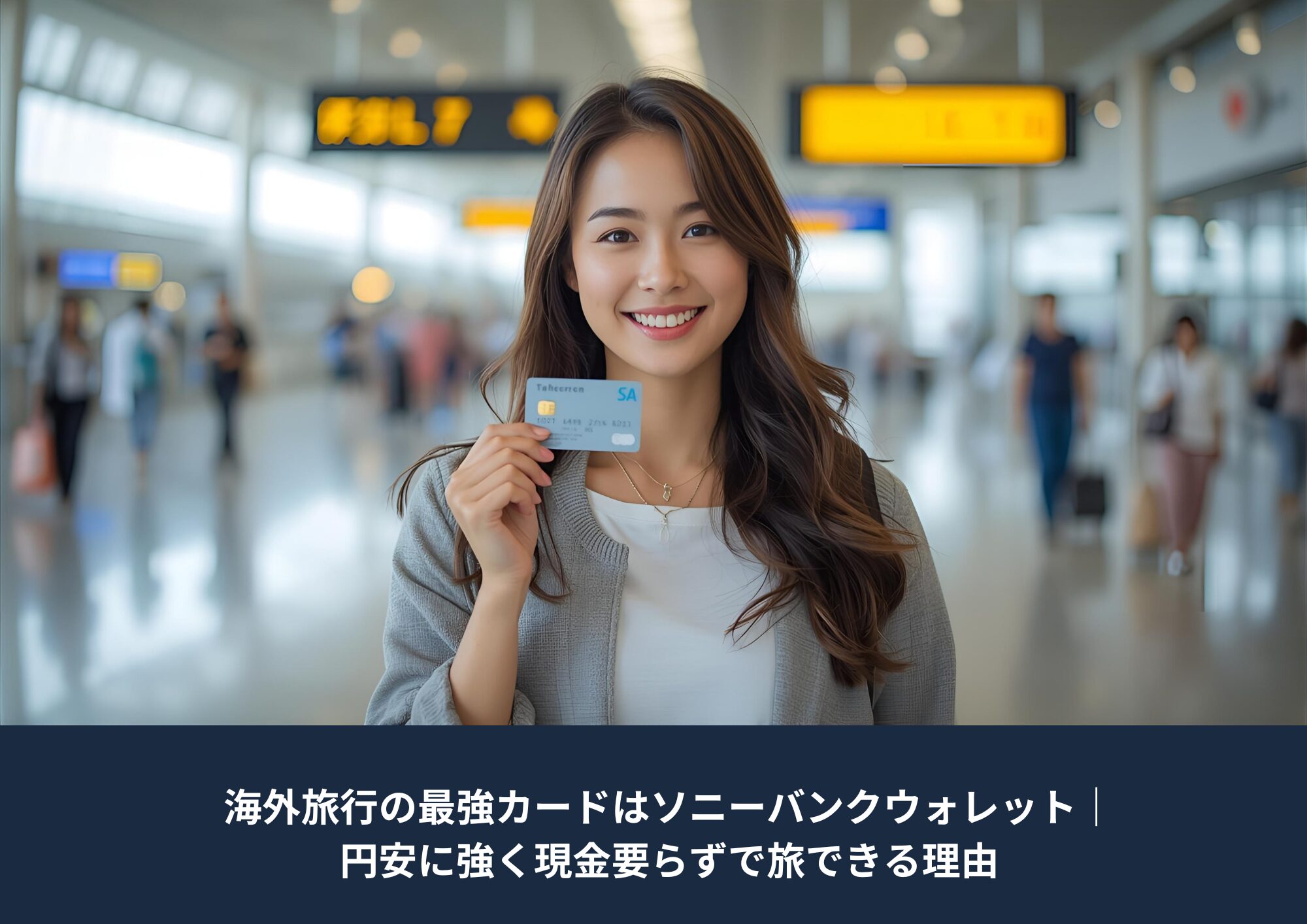 海外旅行でソニーバンクウォレットを使う日本人女性が空港でカードを持って笑顔の写真