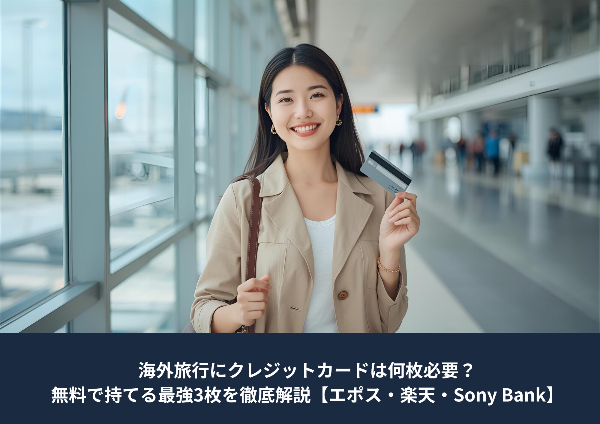 空港でクレジットカードを持って微笑む日本人女性。海外旅行に必要なカードを3枚持って準備している様子。