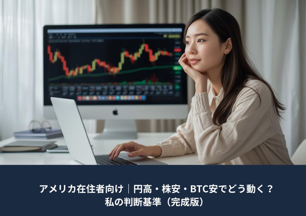 ノートパソコンを使って笑顔で投資判断をする日本人女性|アメリカ在住者向けの円高・株安・BTC安への対応解説アイキャッチ
