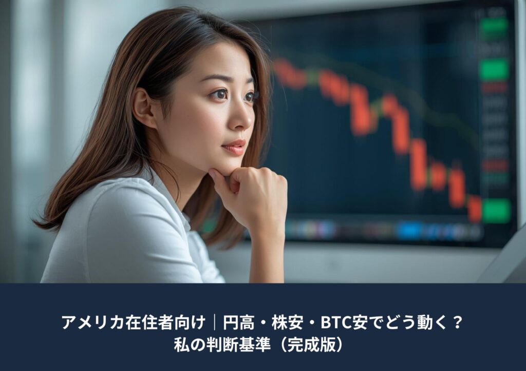 ノートパソコンを使って笑顔で投資判断をする日本人女性｜アメリカ在住者向けの円高・株安・BTC安への対応解説アイキャッチ