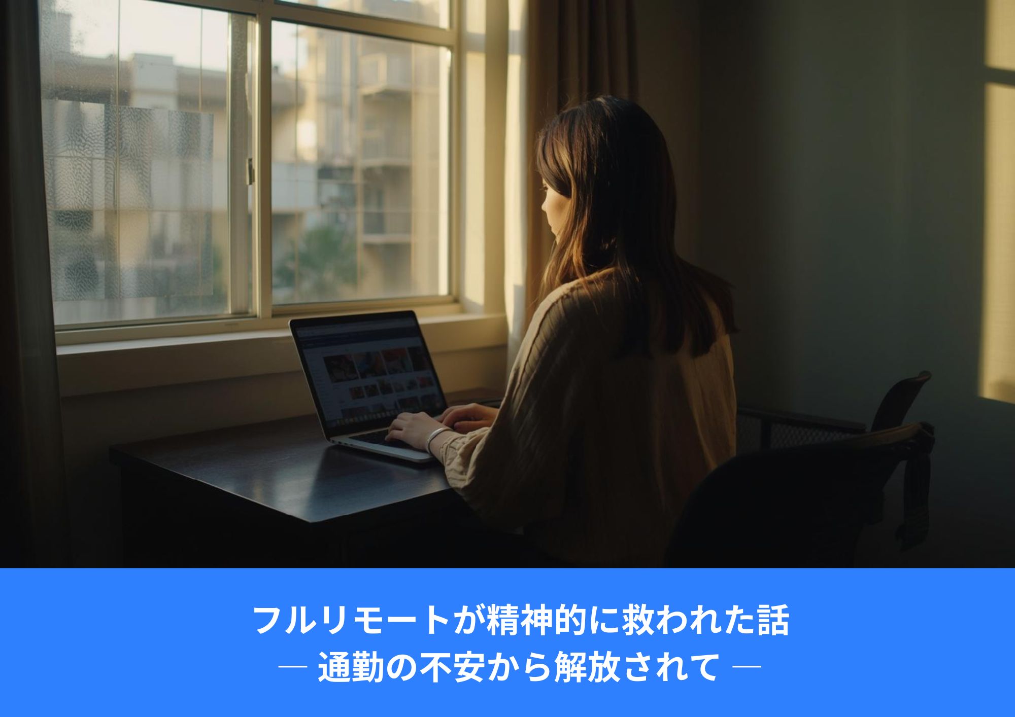 窓際のデスクでノートパソコンに向かって作業する女性。静かな室内でリモートワークをしている様子。