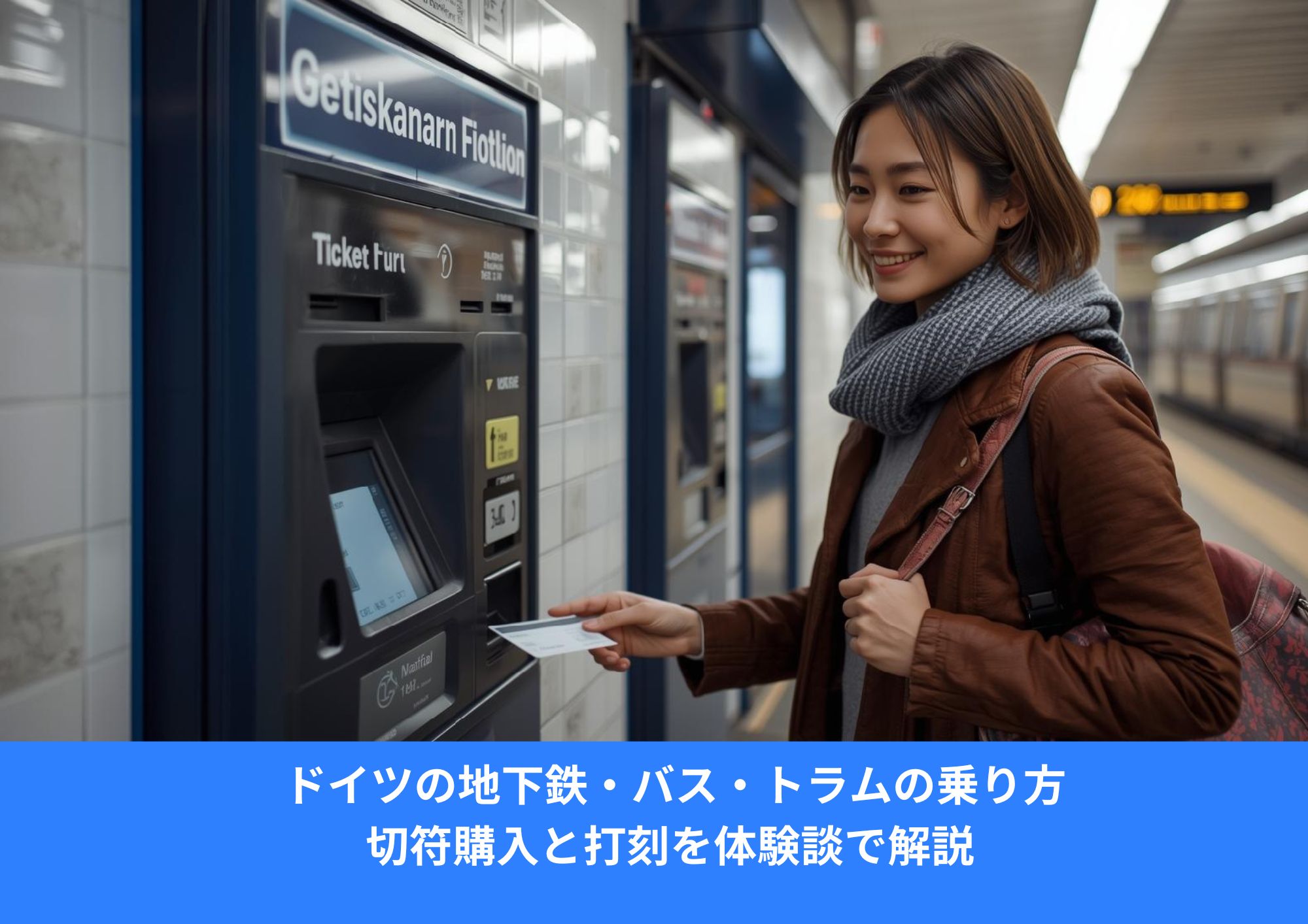 ドイツの地下鉄駅で券売機を使って切符を購入するアジア人女性