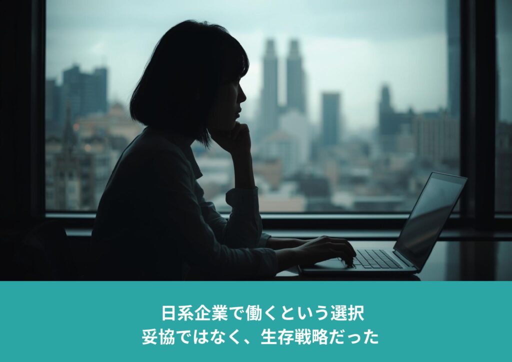 窓の外にロサンゼルスの街を眺めながら、デスクでパソコン作業をする女性の横顔。