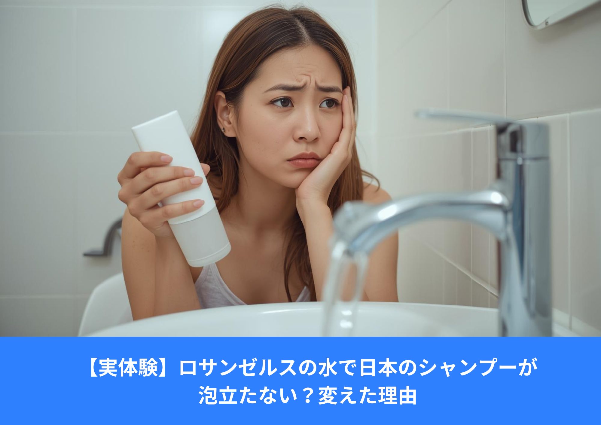 ロサンゼルスの硬水で日本のシャンプーが泡立たず、洗面台の前で困っている女性の様子