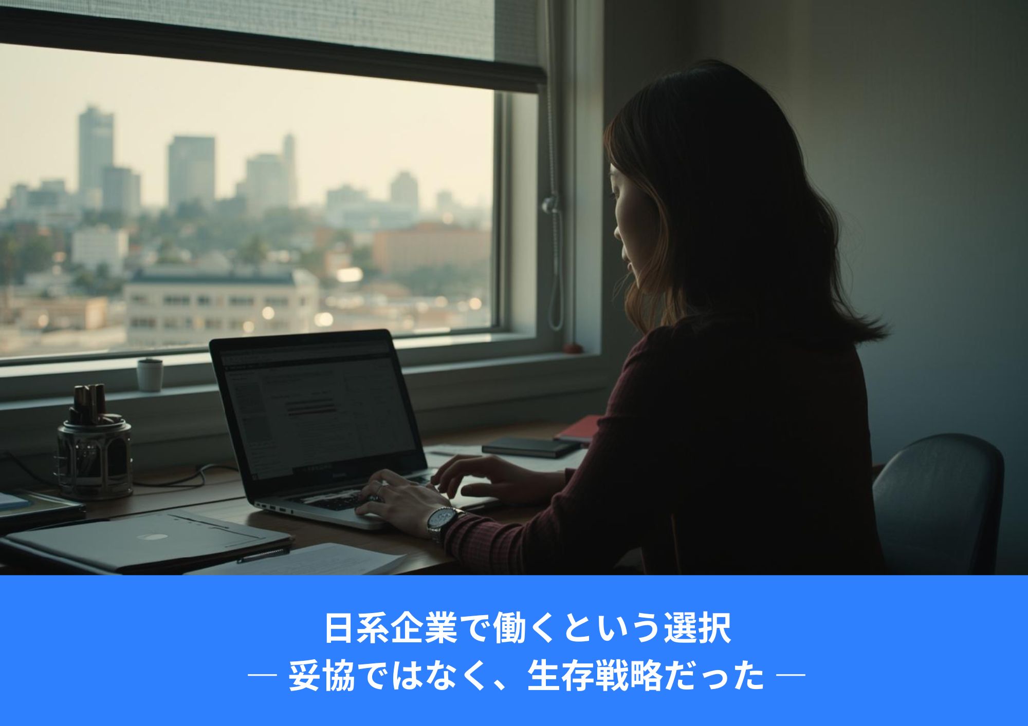 窓の外にロサンゼルスの街を眺めながら、デスクでパソコン作業をする女性の横顔。