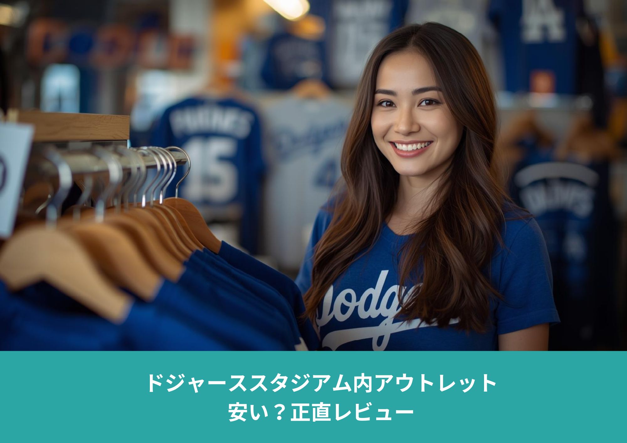 ドジャーススタジアム内のアウトレットショップで、青いドジャースTシャツを見ながら笑顔で立つ女性