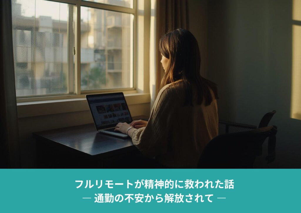 窓際のデスクでノートパソコンに向かって作業する女性。静かな室内でリモートワークをしている様子。