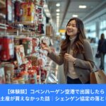 コペンハーゲン空港でお土産を選ぶ旅行者の様子