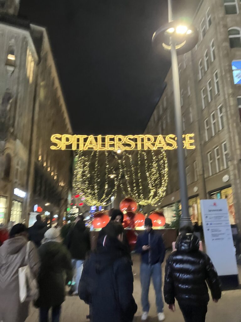 ハンブルグ中心部のクリスマスマーケット入口｜イルミネーションが輝く夜の街並み