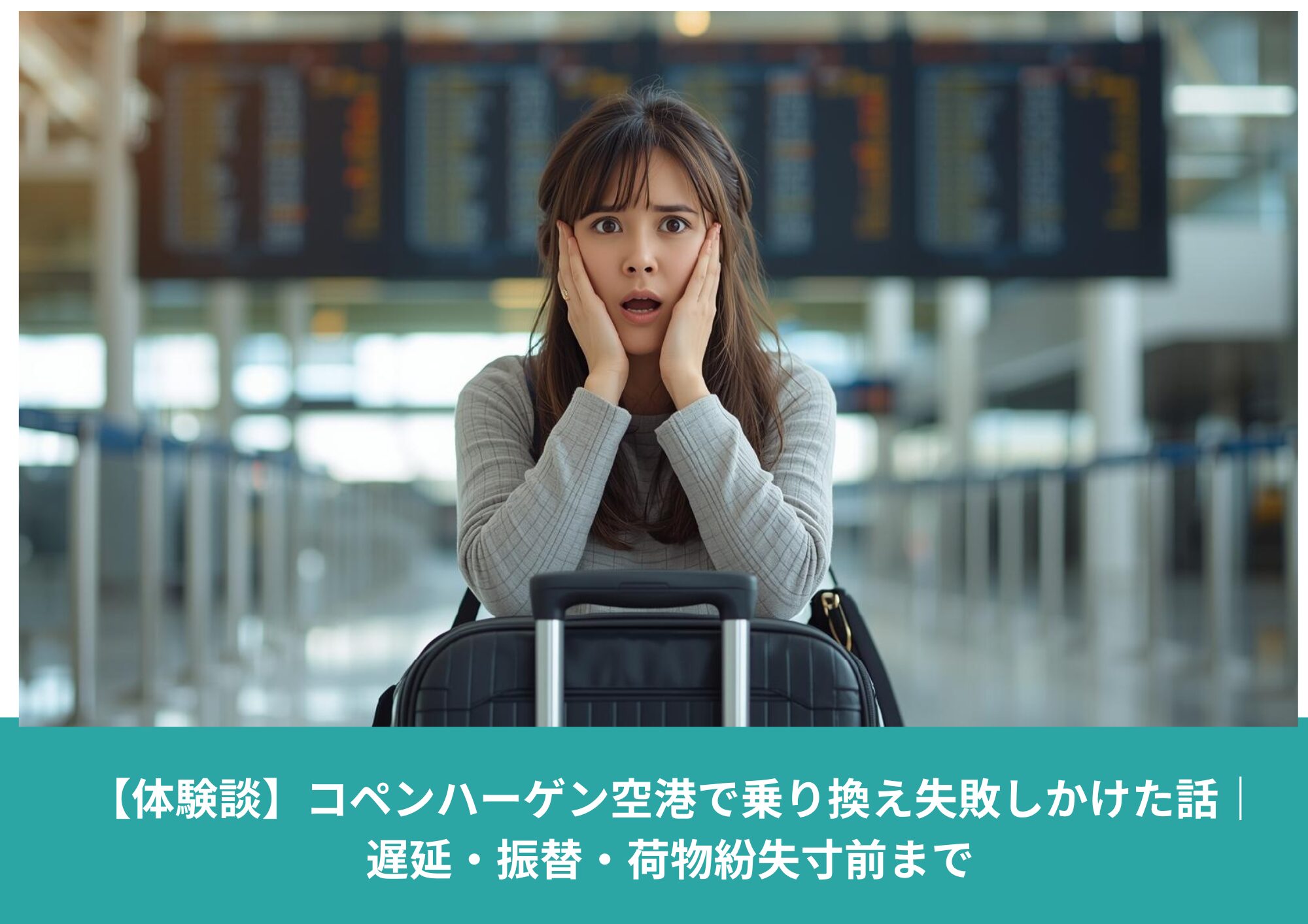 コペンハーゲン空港で乗り換えに間に合わずショックを受けるアジア人女性。空港ターミナルでスーツケースを前に立ち尽くしている様子。