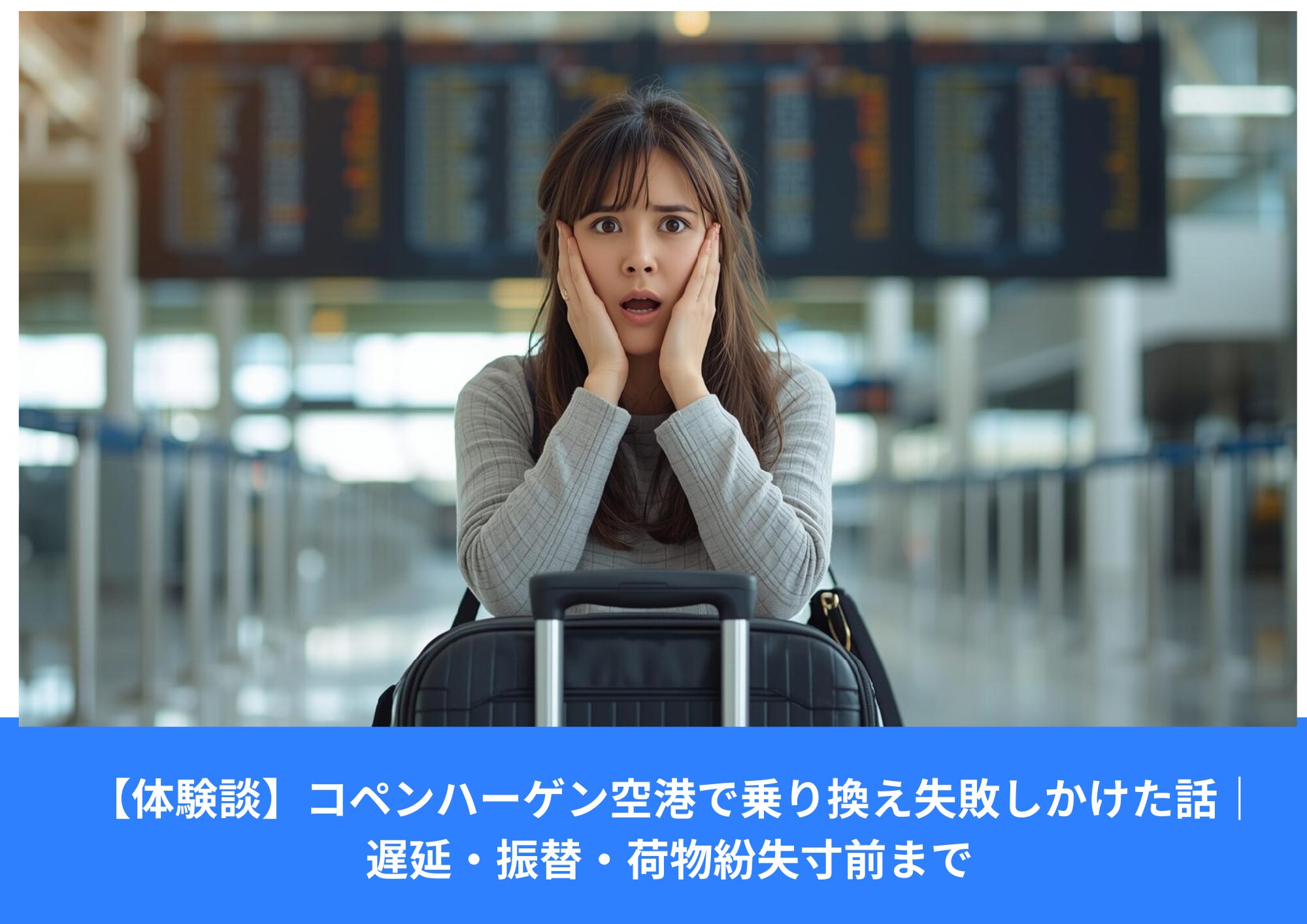 コペンハーゲン空港で乗り換えに間に合わずショックを受けるアジア人女性。空港ターミナルでスーツケースを前に立ち尽くしている様子。