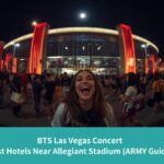 An excited fan laughing outside Allegiant Stadium at night, with crowds gathering before a concert in Las Vegas