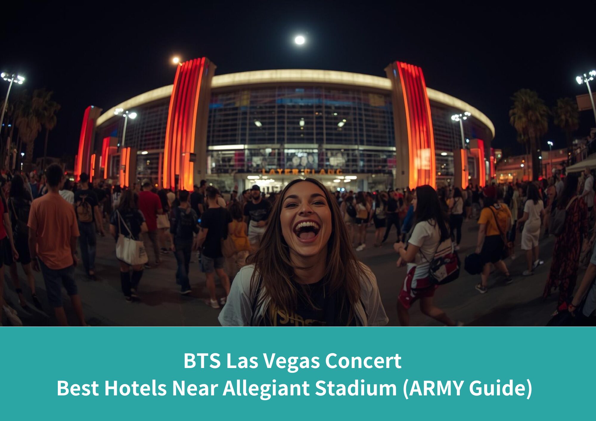 An excited fan laughing outside Allegiant Stadium at night, with crowds gathering before a concert in Las Vegas