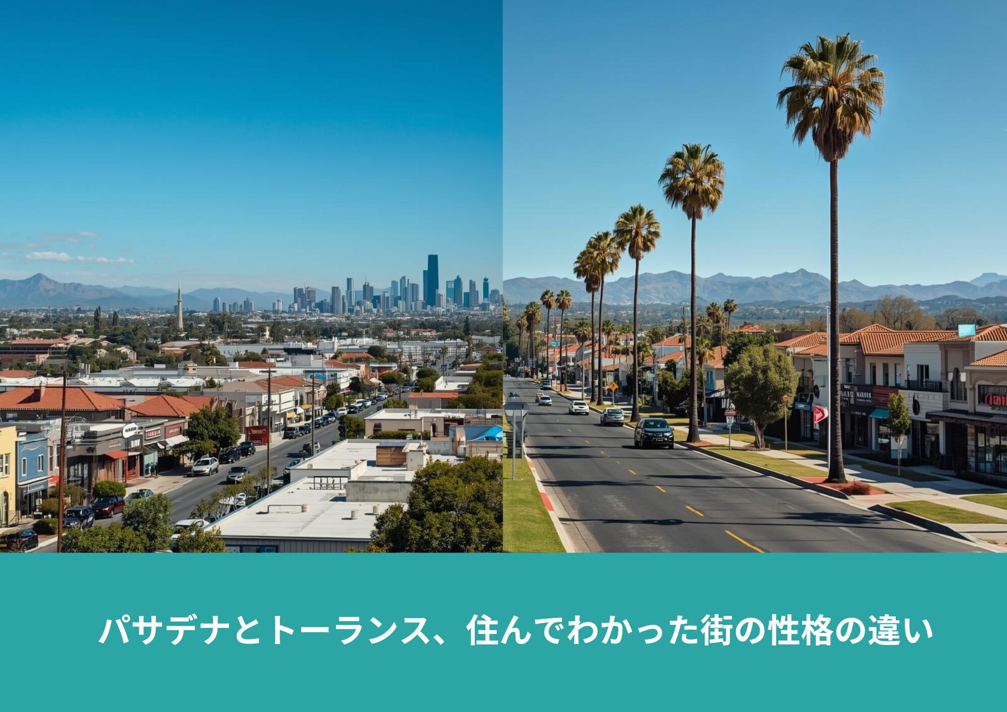 ロサンゼルス郊外の街並みを左右に分けて比較した画像。左は商業エリア、右は静かな住宅街で、パサデナとトーランスの雰囲気の違いを表している。