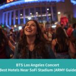 An excited fan smiling outside SoFi Stadium at night, surrounded by a crowd before a concert in Los Angeles