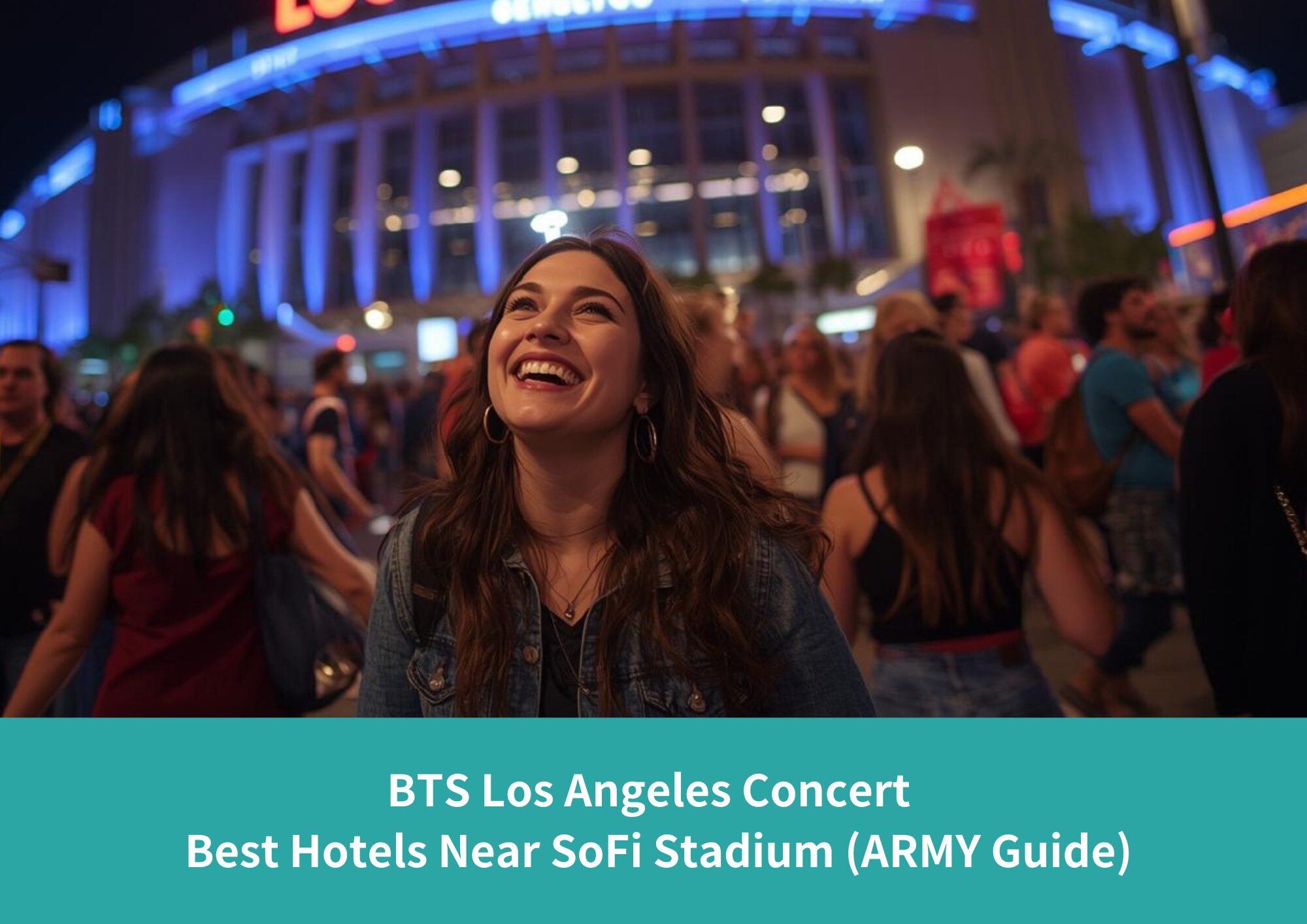 An excited fan smiling outside SoFi Stadium at night, surrounded by a crowd before a concert in Los Angeles