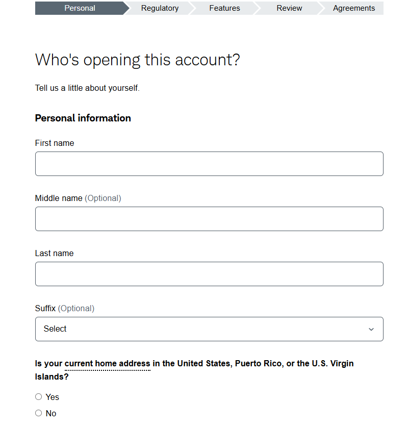 Charles Schwabの口座開設の個人情報記入欄