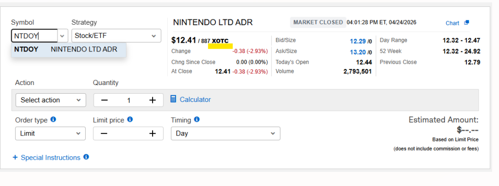任天堂ADR（NTDOY）の価格表示とOTC市場表記を示した株取引画面