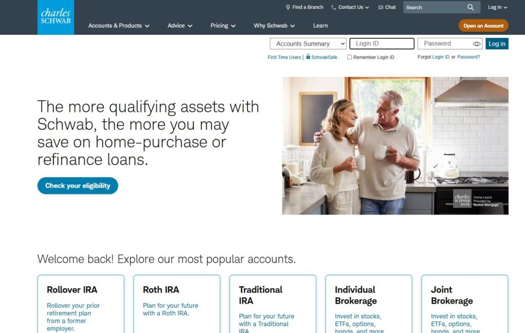 Charles Schwabのログイン画面と投資口座一覧ページのスクリーンショット