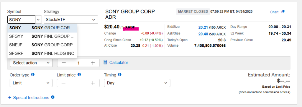 Charles SchwabでソニーADR（SONY）の株を検索し注文する取引画面のスクリーンショット