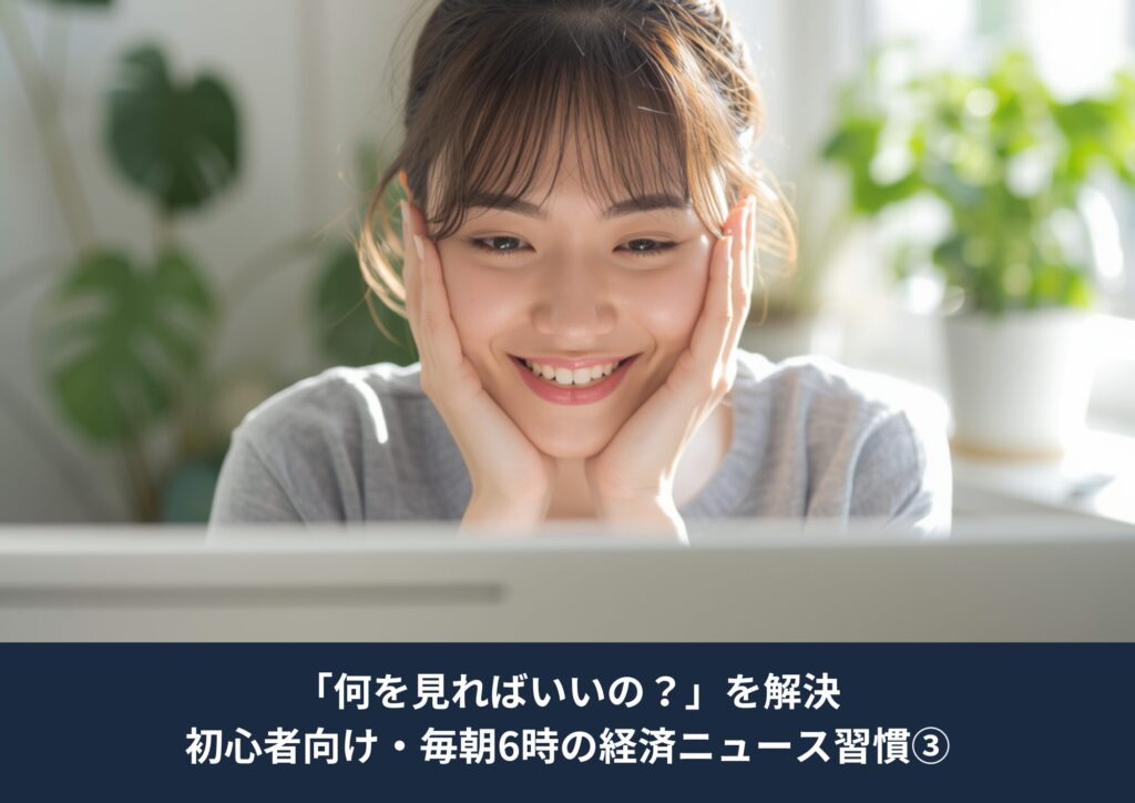 パソコンの前で笑顔で、頬に手を当てて経済ニュースを見ている日本人女性。