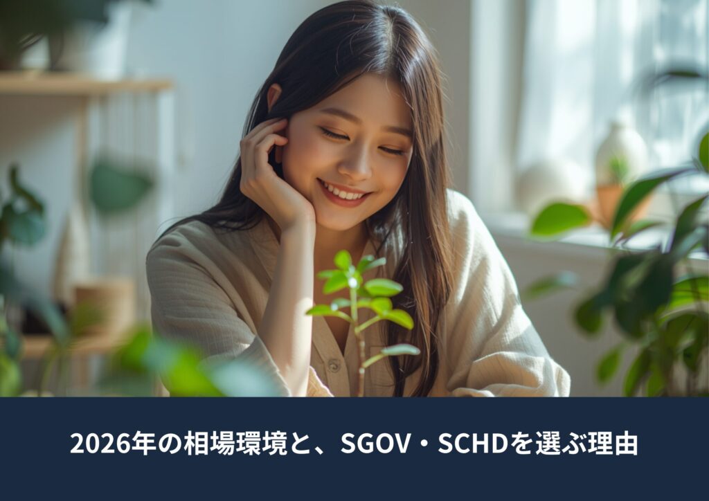 明るい室内で植物を見つめながら微笑む女性と「2026年の相場環境とSGOV・SCHDを選ぶ理由」という投資テーマのバナー