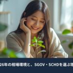 明るい室内で植物を見つめながら微笑む女性と「2026年の相場環境とSGOV・SCHDを選ぶ理由」という投資テーマのバナー
