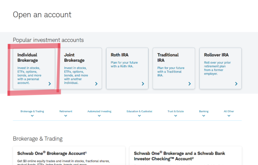 Charles Schwabの口座開設ページでIndividual Brokerageが選択されている画面