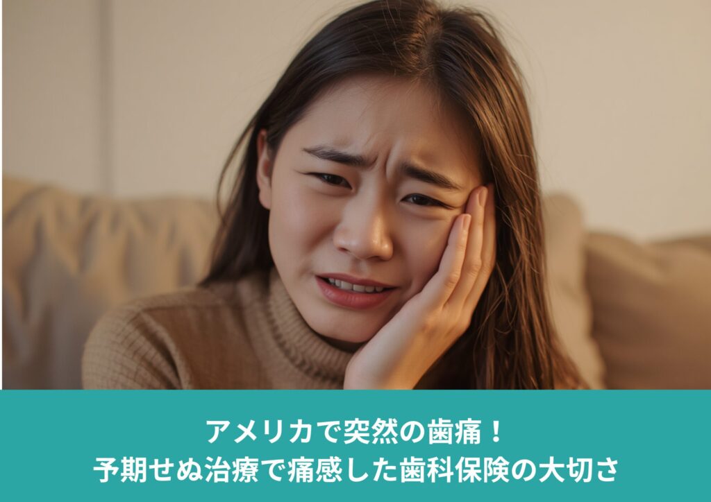 歯の痛みに悩みながら頬を押さえる女性。アメリカで突然の歯痛と高額な歯科治療費を経験した体験談のイメージ。