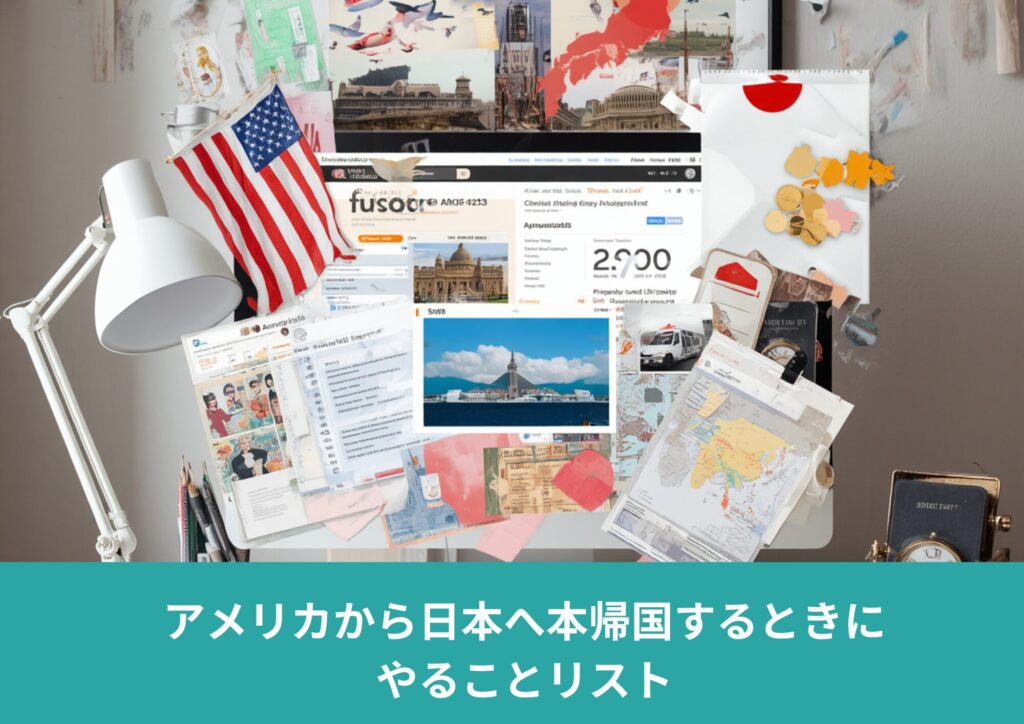 アメリカから日本へ帰国する際の準備チェックリストをイメージした画像。携帯電話、銀行口座、クレジットカード、荷物整理、車の売却などの帰国手続きを表現